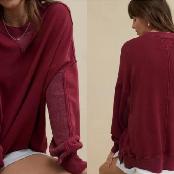 AERIE Big Chill Cherry Tart Textured Distressed Oversized Crewneck Sweatshirt XS - Picture 2 of 13